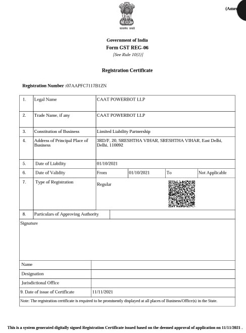 CAAT PowerBot LLP GST registration certificate