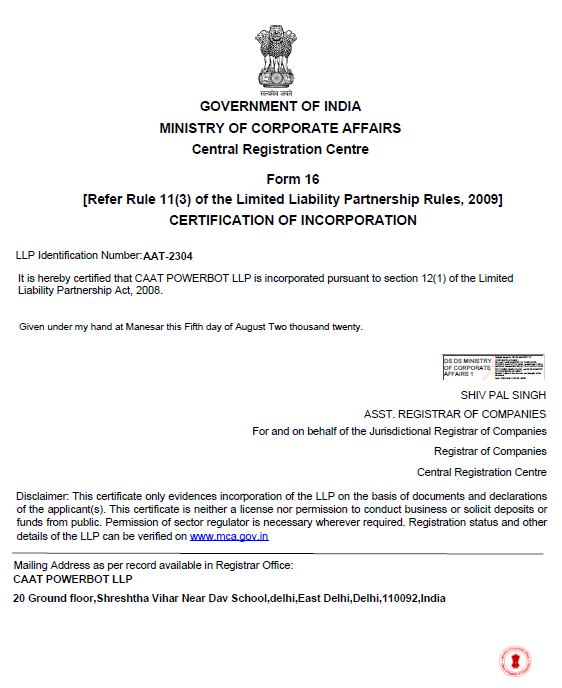 CAAT PowerBot LLP certificate of incorporation from the Government of India