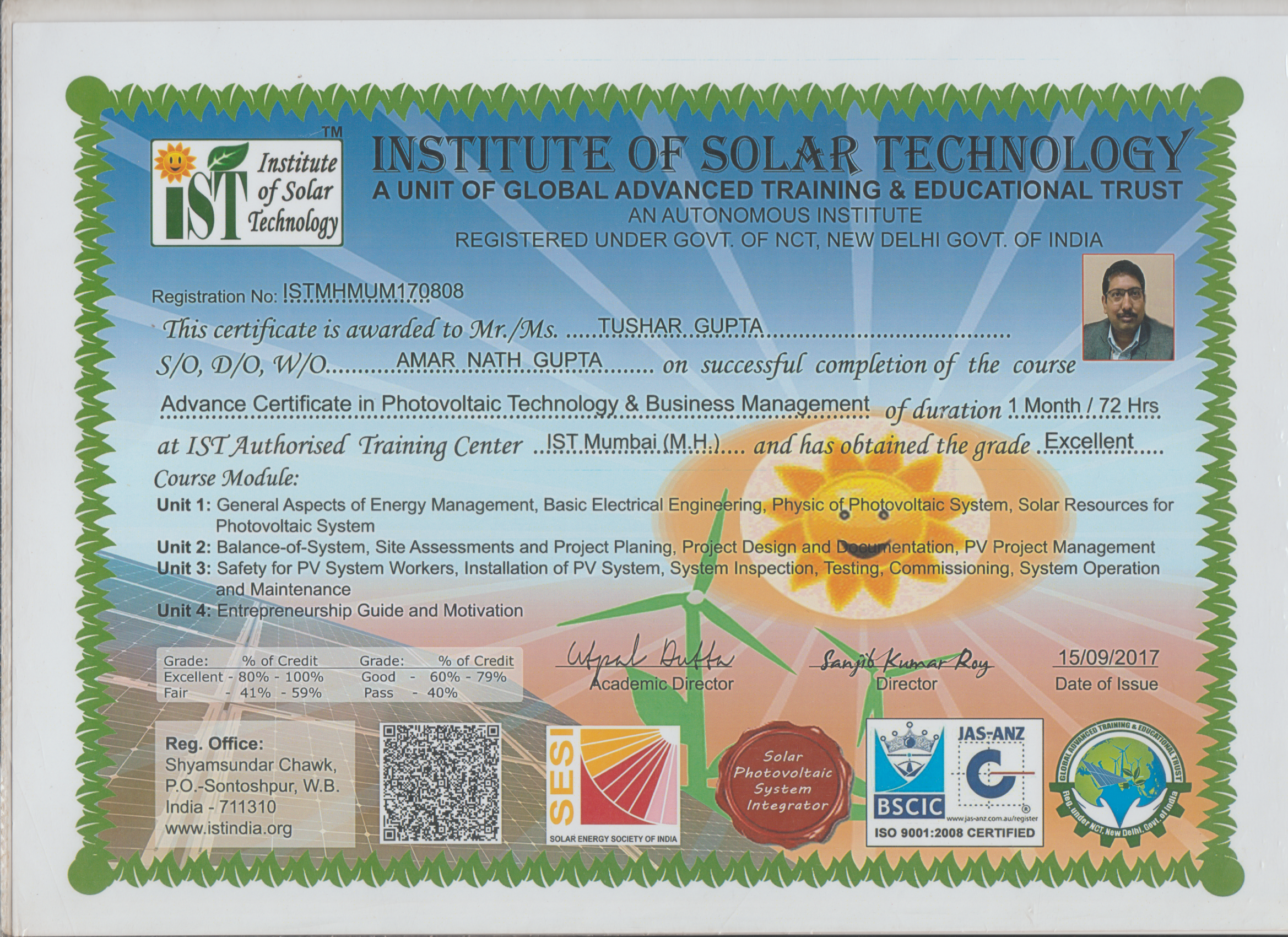 Tushar Gupta advanced certificate in photovoltaic technology and business management